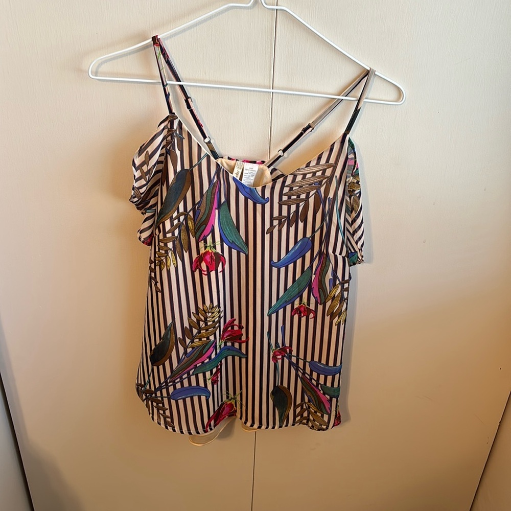 Japna Women’s Small Ruffle Racerback Striped Floral Spaghetti Tank Top
